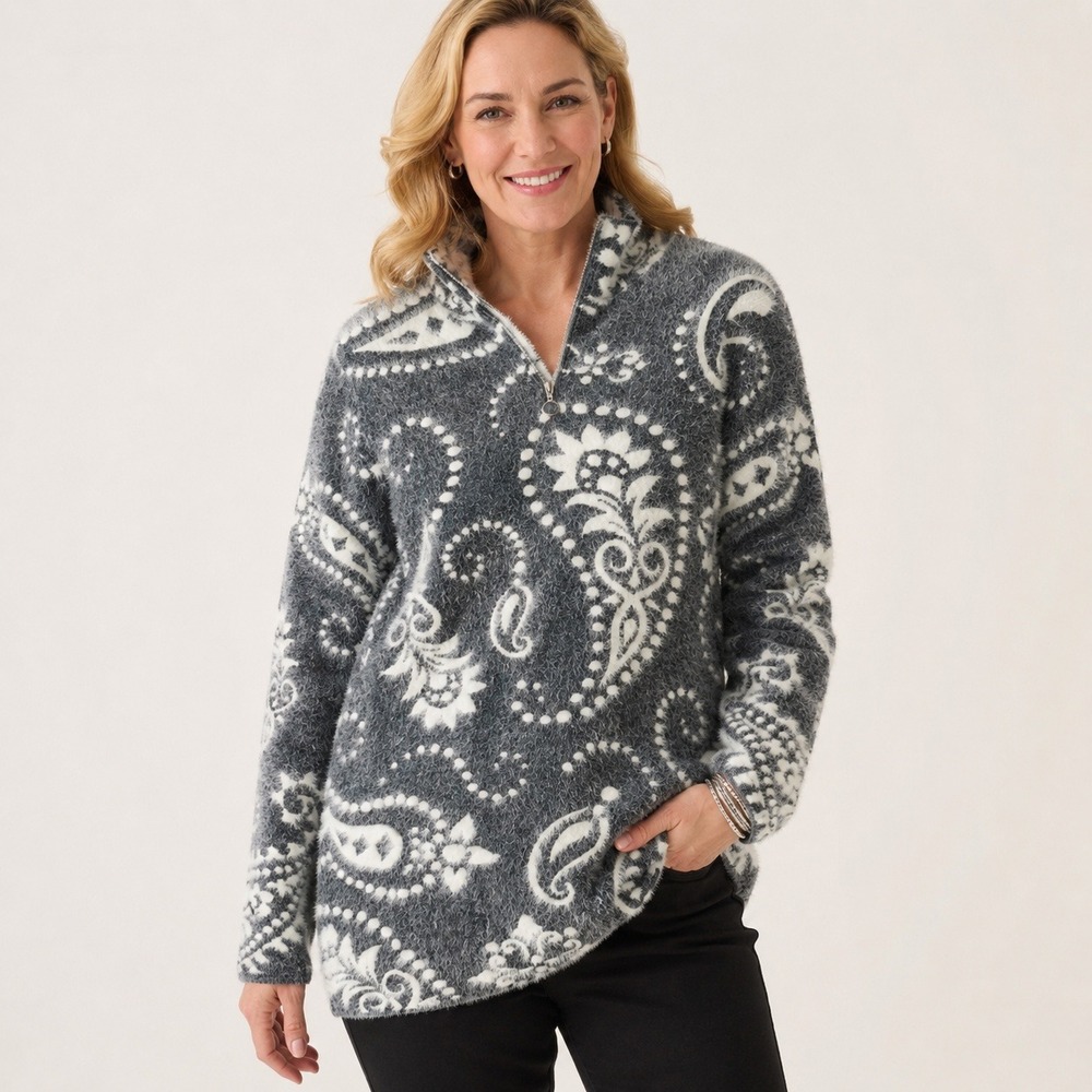 Chicos‎ Navy Blue Paisley Eyelash Knit Quarter Zip Sweater Shimmer Size 3 Large